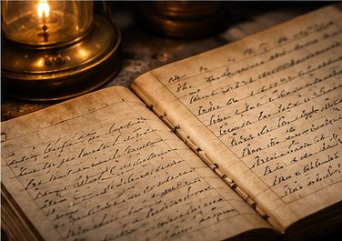 Historisches Logbuch bei Lampenlicht – Symbolbild zur Flannan-Isles-Legende