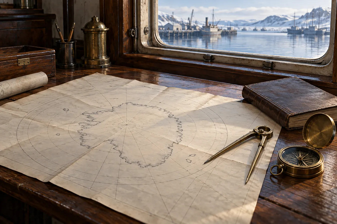 Illustrative Darstellung eines Planungstisches mit schematischer Antarktiskarte und Navigationsinstrumenten.