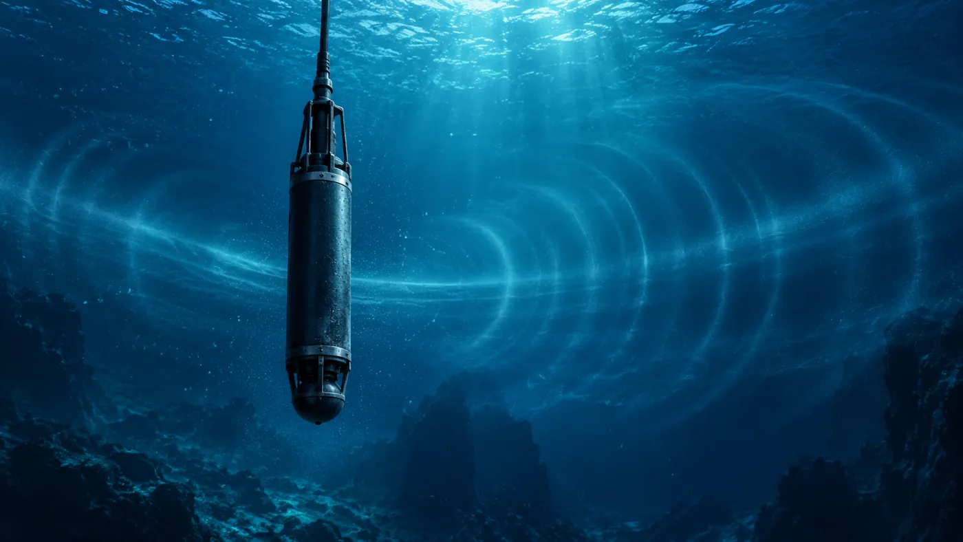 Illustrative Darstellung eines Hydrophons im Meer mit symbolischen Schallwellen.