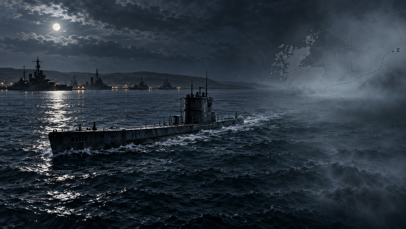 Illustration von U 47 bei Nacht vor Scapa Flow mit angedeuteter Route seines ungeklärten Verschwindens
