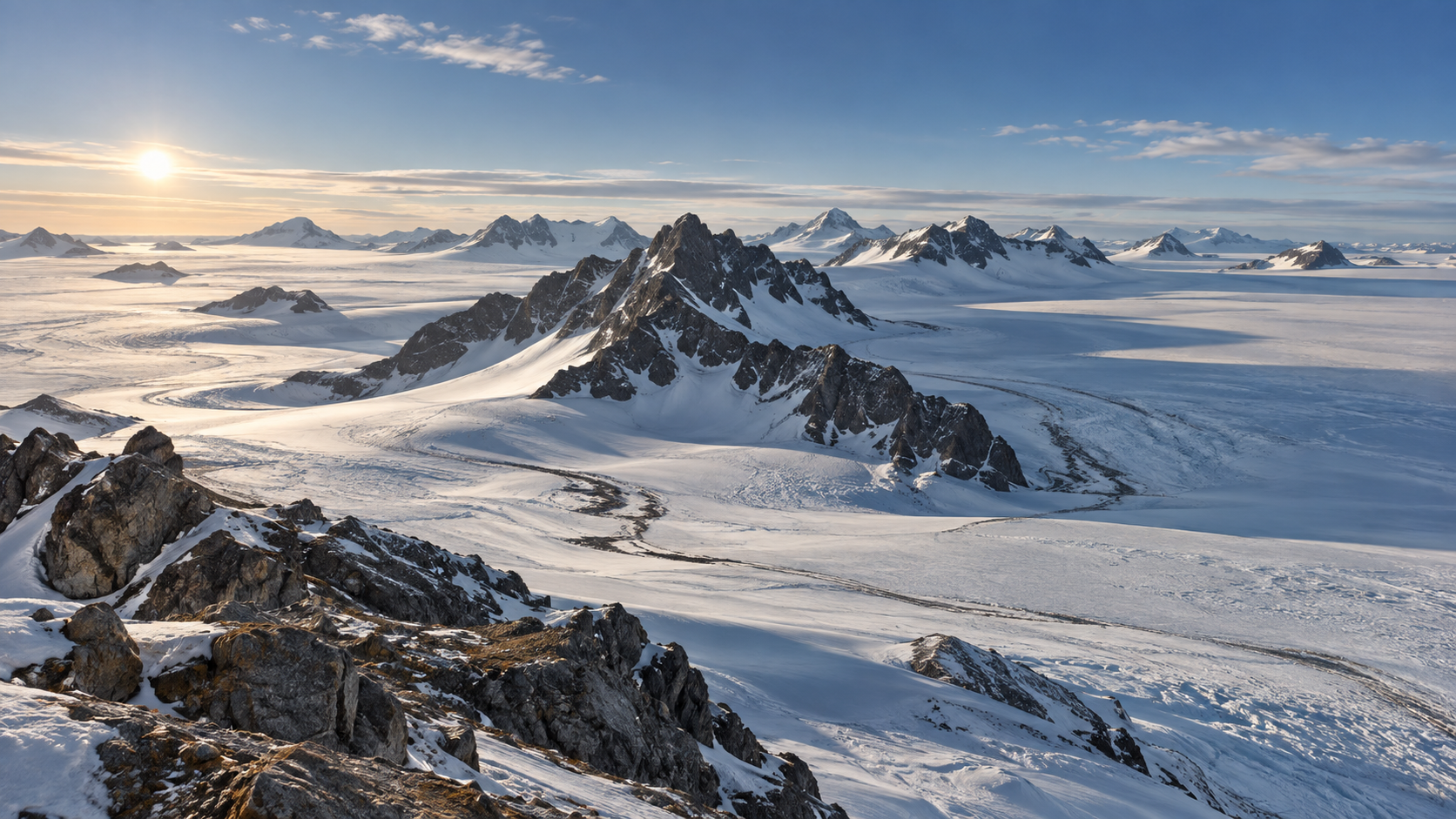 Vergletscherte Gebirgslandschaft im zentralen Orvinfjella in Neuschwabenland