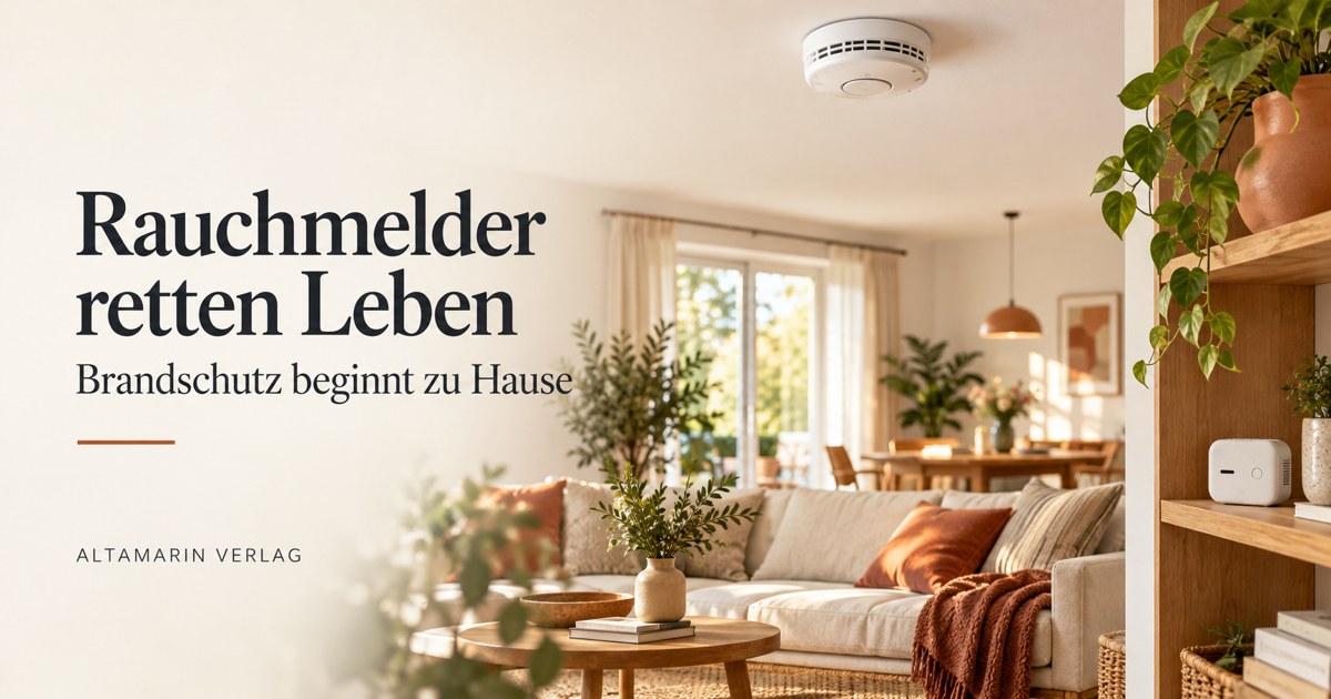 Rauchwarnmelder an der Decke eines Wohnzimmers. Rauchmelder retten Leben – Brandschutz beginnt zu Hause.