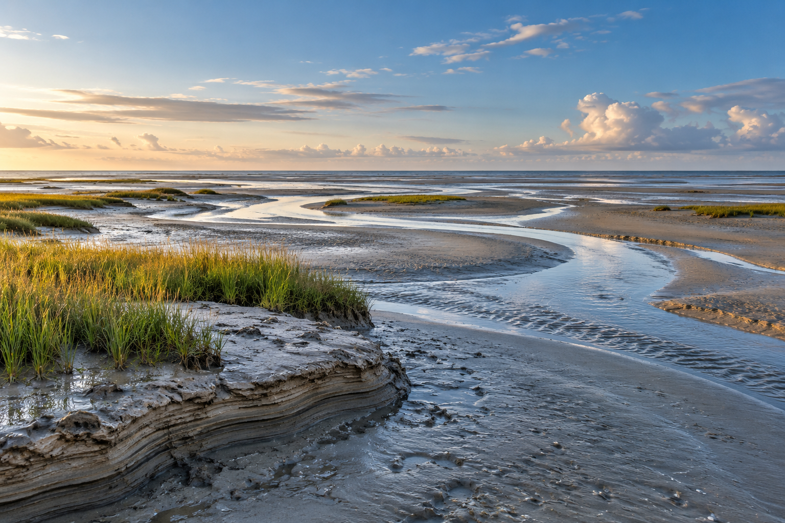 Geodiversität Nordsee: Watt, Priele, Sedimentschichten und Salzwiese im Symbolbild