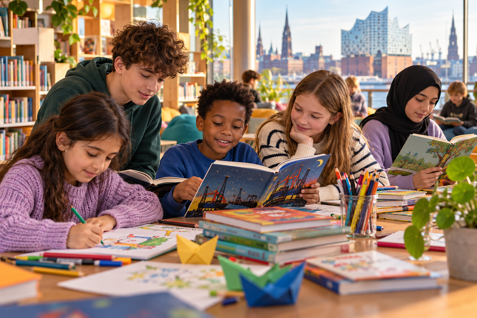 Lesefest Seiteneinsteiger 2026: Kinder und Jugendliche lesen und zeichnen in einer Bibliothek