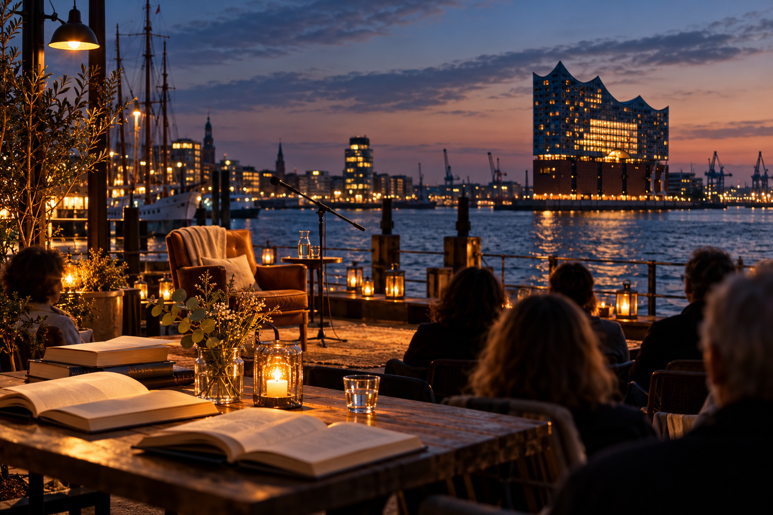Symbolbild zum Harbour Front Literaturfestival 2026: Bücher und Lesebühne am Hamburger Hafen