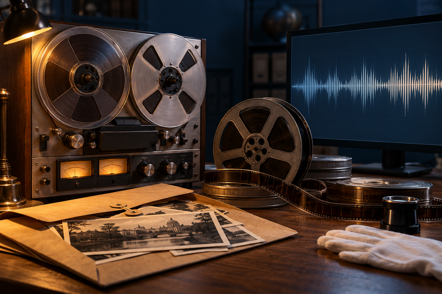 Audiovisuelle Quellen: Tonbandgerät, Filmrollen und eine digitale Wellenform